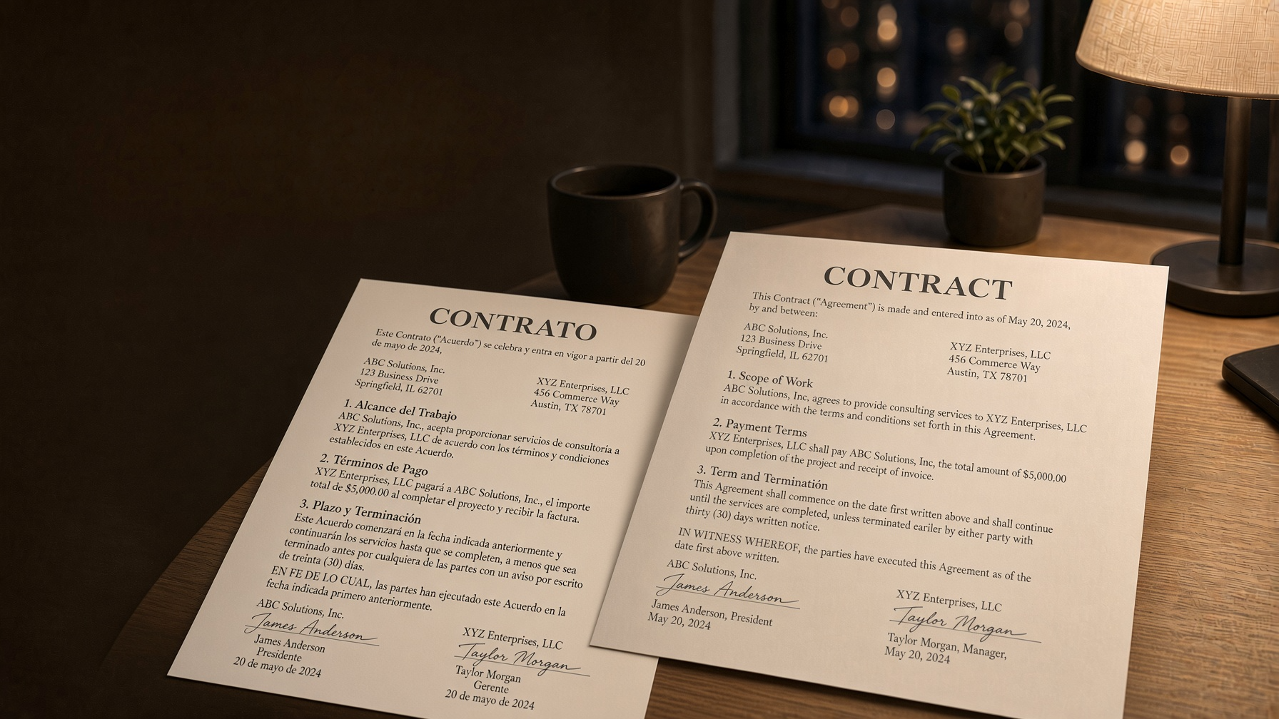 An English contract and its Spanish translation on a desk